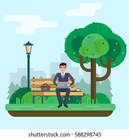 Man works in park with computer on bench under tree. Flat style vector illustration.