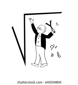 Man works a problem in algebra using the square root equation. Vector concept image.