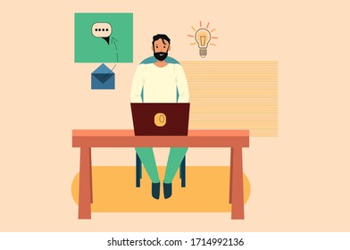 Un hombre trabaja remotamente detrás de una laptop, independiente, ilustración vectorial para los negocios, publicidad