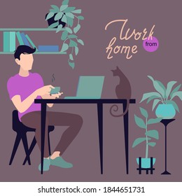 A man works remotely. Remotely make money. Work at the computer. Pandemic. Recommended to stay at home.
