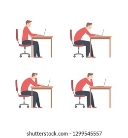 Man works at a table with a laptop in different poses. Vector illustration isolated on white background