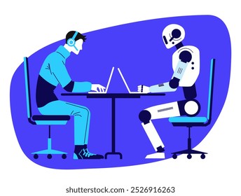 O homem trabalha junto com um robô. Uma pessoa e um robô estão sentados à mesa e trabalhando em um laptop. Conceito de tecnologias futuras. Aprendizado de máquina. Concurso entre humanos e ciborgues