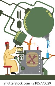 Man works using an elaborate machine. Industrial or science concept. Editable Clip Art.