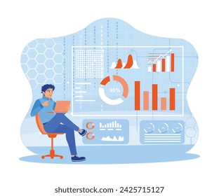 The man works using a laptop to provide information for Key Performance Indicators (KPIs). Analyze marketing with charts, graphs, and data. Business intelligence technology and big data concept. 
