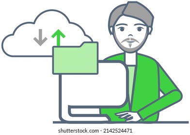 Man works with virtual cloud storage. Program for saving information and personal data protection. Virtualized storage system for computer. Male character stores online data in digital cloud website