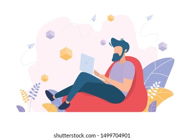 The man works, watches the news, sits on social networks. Freelancer. Vector illustration