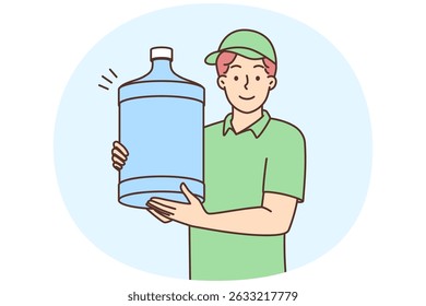 Man works as water delivery man holding large bottle for aqua cooler and looking at camera. Guy in cap and t-shirt working in service of delivering drinking water to offices - Powered by Shutterstock - Get 15% off with code: PIKWIZARD15