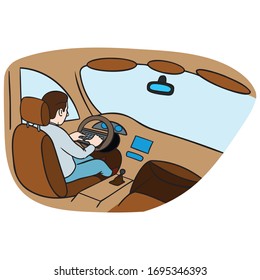 man works while driving. autonomous driving, mobile office.