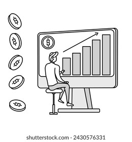 a man works while observing a chart graph on a big screen, capital market graphic chart, with income coins, doodle cartoon illustration.