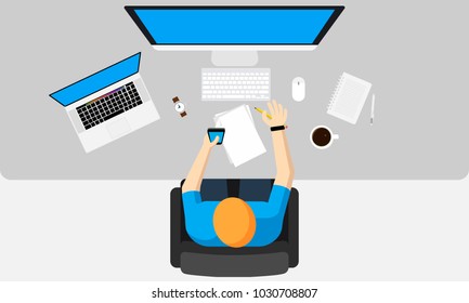 Man workspace with computer monitor, laptop and stationery - top view. Vector illustration