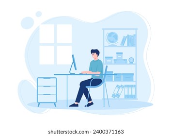a man in a workspace sitting in a chair with a computer trending concept flat illustration
