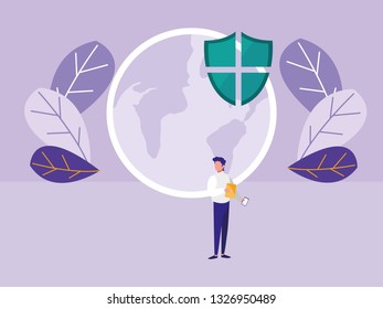 man with world planet earth and shield