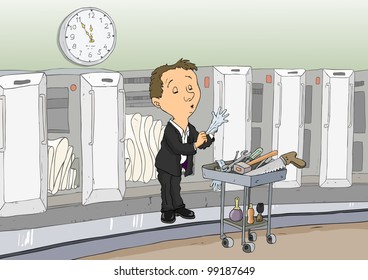 Man worn rubber gloves and hands are going to work