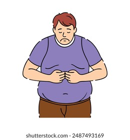 Man worried about belly fat, flat vector illustration on white background.