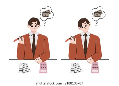 Man worried about having no money.  Payment of taxes, invoice, bill, banking. Man hand holding the phone and presses the pay button. Online Paying. Hand drawn style vector design illustration