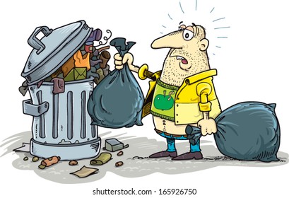 Man worried about throwing his garbage. Vector.