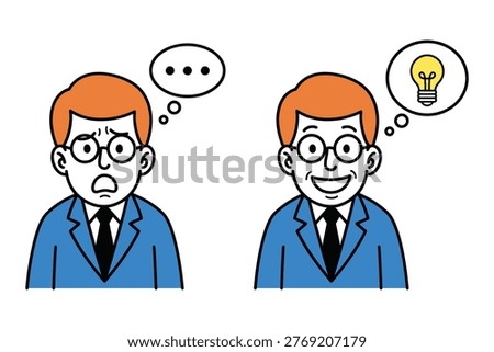 Man with worried expression contrasted with man having a brilliant idea eureka moment problem solving thinking