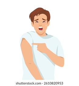 Man with a worried expression points at his upper arm, preparing for an injection. Flat vector illustration isolated on white background