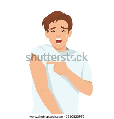 Man with a worried expression points at his upper arm, preparing for an injection. Flat vector illustration isolated on white background