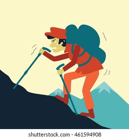 Man worried and feel heavy with a lot of backpack when climbing up on mountain. Cartoon illustration vector. 