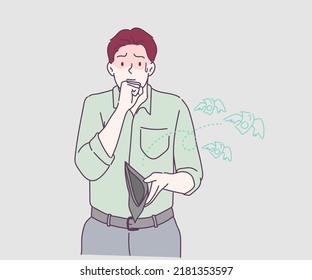 Man Is Worried, He Showing Empty Wallet, He No Have Money. Hand Drawn In Thin Line Style, Vector Illustrations.