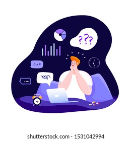 Man worried with insomnia or nightmare sitting in bed at night bedroom scared because of panic attack Sleepless male sick person awake with tired sadness face anxiety attack Flat vector illustration