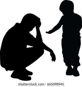 Man worried sitting on the floor and a boy comforting his, silhouette concept