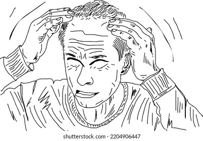 Man worry because of Alopecia, hair loss in young age vector illustration, Young boy worrying about his hair loss problem sketch drawing, cartoon doodle drawing of male hair loss concept