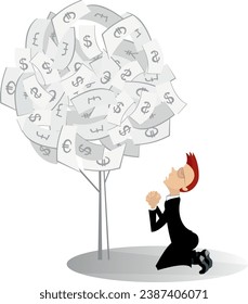 Man worshiping money tree.
Businessman standing in the kneel worshiping a money tree. Concept illustration
