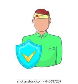 Man with a wound on his head, accident insurance icon in cartoon style on a white background