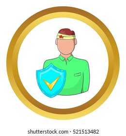 Man with a wound on his head, accident insurance vector icon in golden circle, cartoon style isolated on white background