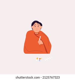 Man wrapped in a blanket. Disease. Sadness. Tousled hair. High fever, circles under the eyes. Medicines. isolated layer. Cover for the article. Vector modern flat illustration