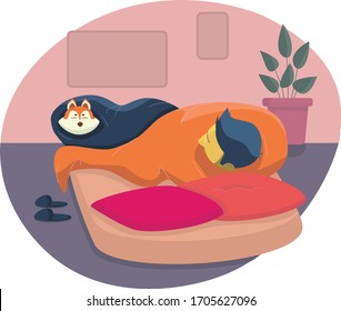 Man wrapped in a blanket lying next to a dog wrapped in a blanket too. Vector illustration. 