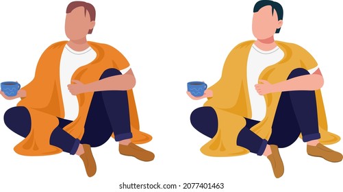 Man wrapped in blanket semi flat color vector character set. Sitting figures. Full body people on white. Cozy isolated modern cartoon style illustration for graphic design and animation collection