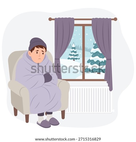 Man wrapped in blanket or warm clothes suffering and shivering from cold indoors. Flat vector illustration The concept of crisis and economy. Winter season. Low temperature. Vector Illustration