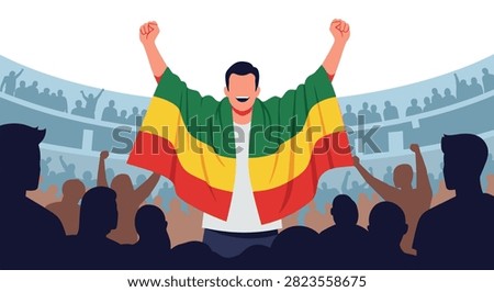 Man wrapped in a green, yellow, and red flag cheering in a stadium with a dense crowd silhouette background for international sports victory or national celebration.
