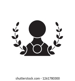 Man with wreath and medal black vector concept icon. Man with wreath and medal flat illustration, sign