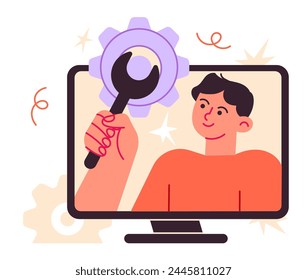 Man with wrench computer monitor screen customization, setting, repairing.