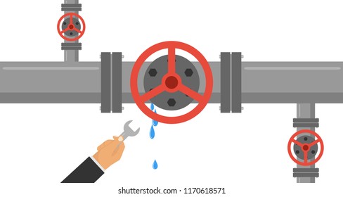 A man with a wrench eliminates the leak in the pipe. The hand holds a wrench and eliminates leakage in the water pipe. Flat design, vector illustration, vector.