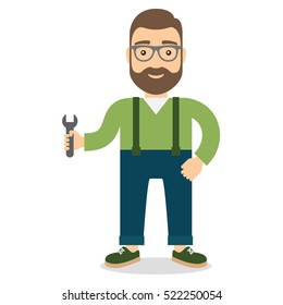 Man with wrench. Flat style vector illustration.