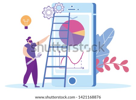 Man with Wrench in Hand on Background Smartphone. Distance Learning. E-Learning. Online Training. Man on Background Smartphone. Vector Illustration. Achive Goal. Remote Access. Smartphone Settings.
