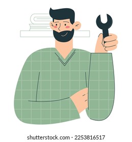 Hombre con una llave en las manos. Ilustración minimalista en vectores planos del proceso de reparación
