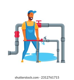 A man with a wrench on his head is standing next to a pipe that has a hole in it