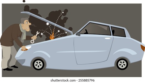 Man With A Wrench Standing Next To A Broken Car With Open Hood, Smoke, Flames And Sparkles Coming From An Engine, Vector Cartoon, No Transparencies, EPS 8