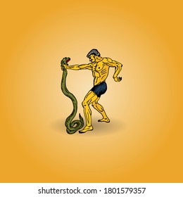 A man wrestle with a fierce snake for the concept of mankind battling evil. Hand drawn vector illustration.