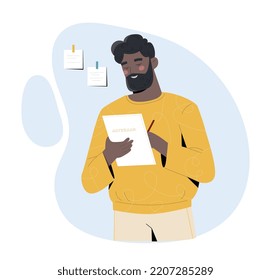 Man write notes. Young guy sets goals, plans. Poster or banner for website. Time management and motivation, hardworking employee. Character keeps diary concept. Cartoon flat vector illustration