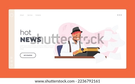 Man Write on Typewriter Landing Page Template. Inspired Creative Male Character Author, Writer Or Editor Sitting at Desk With Typewriter And Flying Papers Around. Cartoon People Vector Illustration
