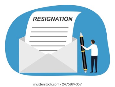 Man write resignation letter to quit job. Businessman with pen writing resignation email.