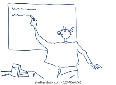 man write something blackboard business seminar concept teacher rear view sketch doodle horizontal