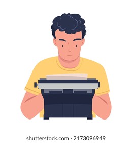 Man Writer Character at Typewriter Writing Book Engaged in Creative Literary Work Vector Illustration